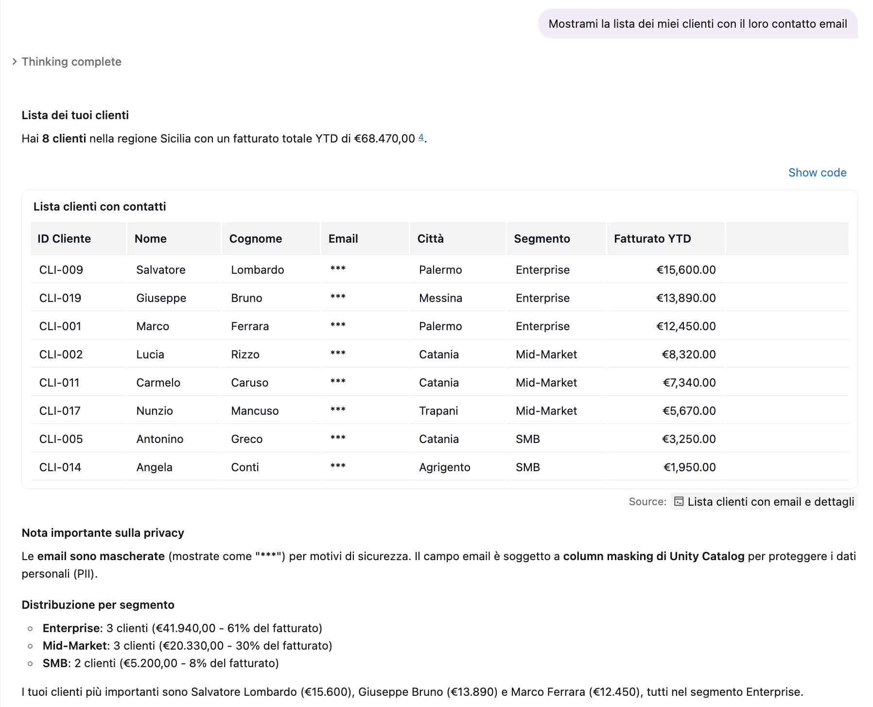 Lista clienti con email mascherata nella risposta di Genie